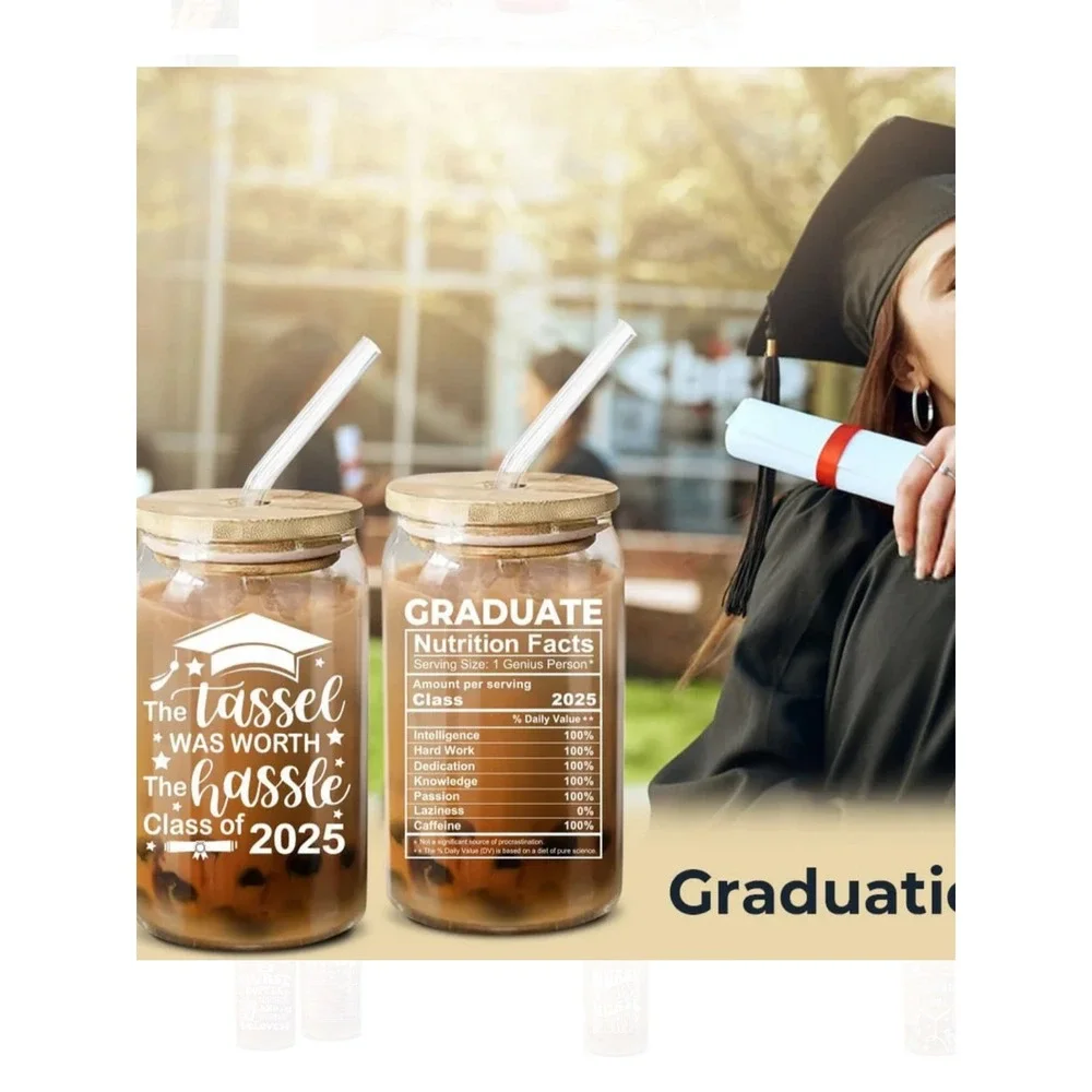 Graduate Nutrition Facts Glass Can with‎ Straw Class of 2025 Gift for Graduation
